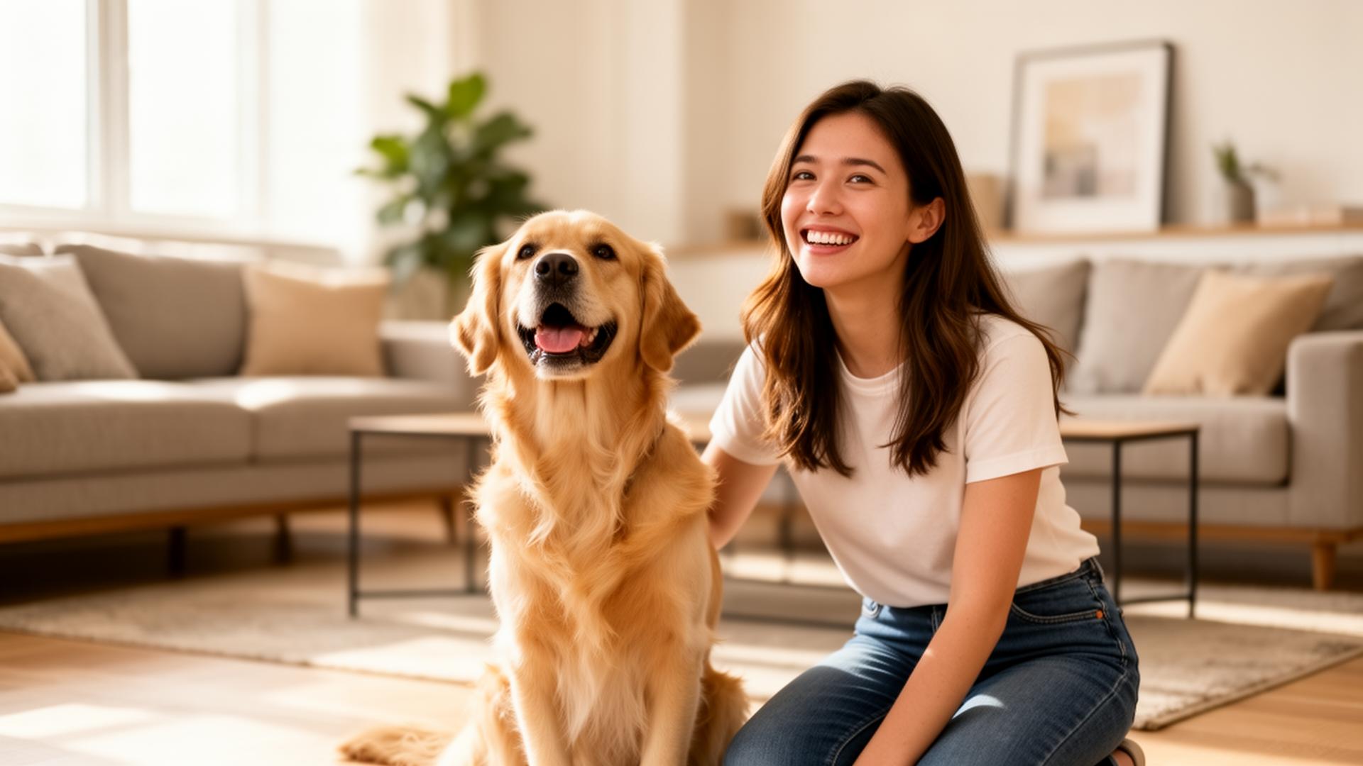 Cachorro obediente com sua tutora feliz